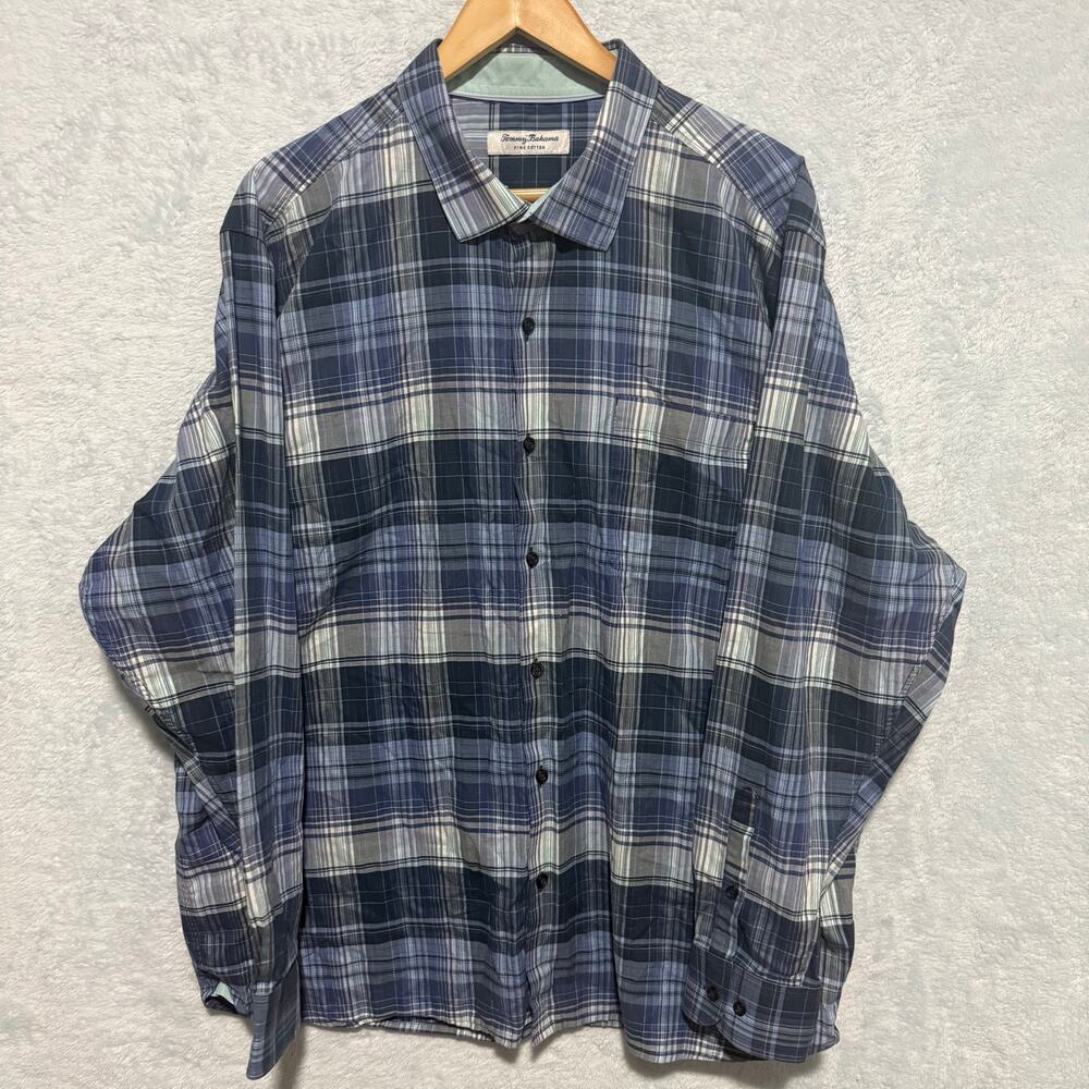 Tommy Bahama Mens XXL Blue Plaid Pima Cotton Long Sleeve Button Up Shirt Top